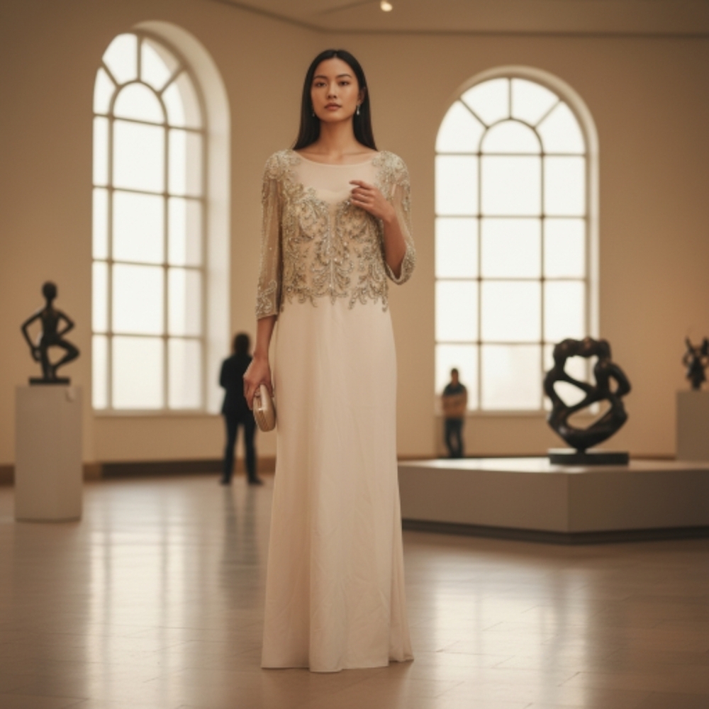 Morrell Maxie Gold and Cream 3/4 Sleeve Gown